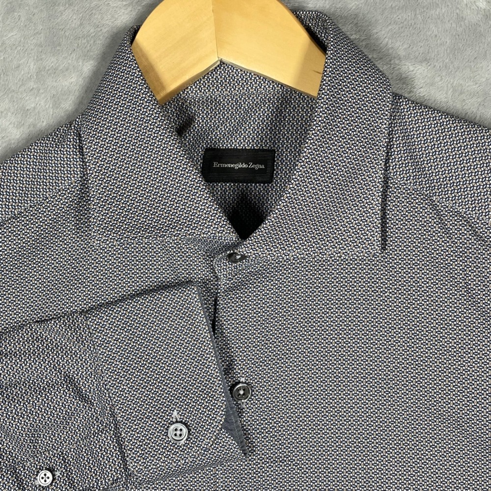 Ermenegildo Zegna Mens Navy White Geometric Micro Print Button Down Shirt L